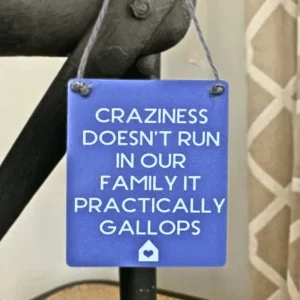 Blue metal sign with white text reading “Craziness doesn’t run in our family it practically gallops.”