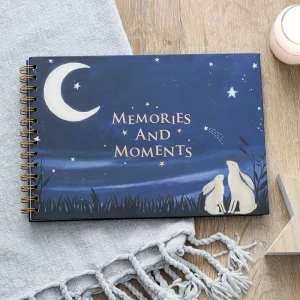 Baby memory book cover with moon and rabbits design – Memories and Moments keepsake book