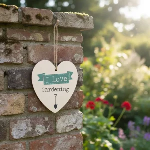 Wooden heart-shaped hanging sign with text “I love Gardening” and small spade illustration, hanging by a jute rope.
