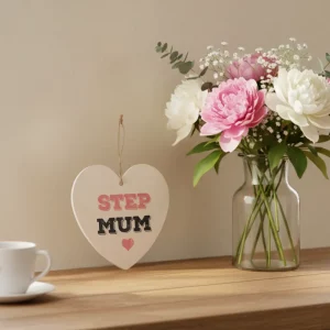 Wooden heart-shaped hanging sign with text “Step Mum” and a small pink heart