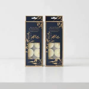 Two packs of scented tealight candles – Wild Pear & Patchouli and Wild Fig & Mulberry – 10 pack gift set.