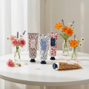 Four assorted hand cream tubes in pastel floral packaging.