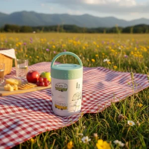 Caravan thermal insulated lunch pot with mint green lid and campervan design.