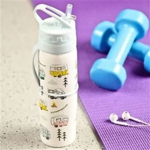 Campervan design foldable silicone water bottle on gym mat with dumbbells and earphones.