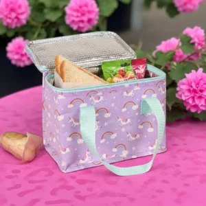 unicorn lunch bag with mint green handles and rainbow design