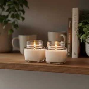 Olive Grove candles lit beside decorative presentation box.