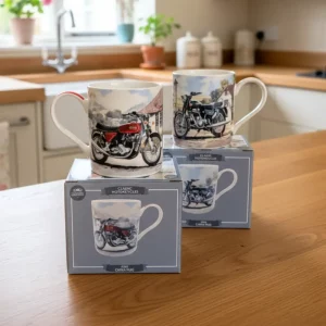 Set of Classic Motorbikes mugs in red and black with matching gift boxes