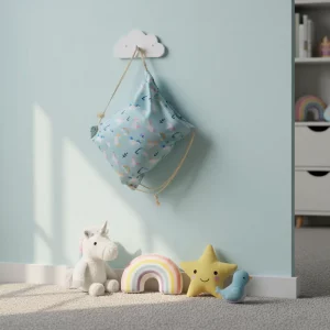 Unicorn Magic canvas drawstring bag with pastel rainbow and unicorn print.