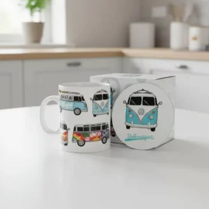VW Camper Mug and matching Coaster gift set with retro campervan designs, displayed with decorative gift box.