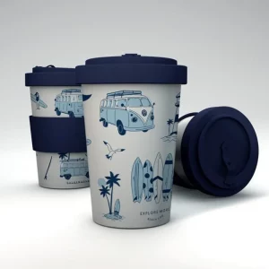 VW Camper Van travel mug with blue camper bus and surfboard design, 400ml reusable cup with navy silicone lid and grip.