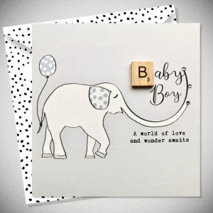 Baby boy greeting card with blue elephant illustration and Scrabble tile decoration