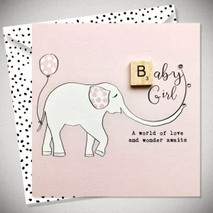 Baby girl greeting card with pink elephant illustration and Scrabble tile decoration