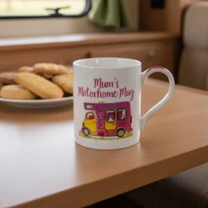 China mug with pink and yellow motorhome design and the words Mum’s Motorhome Mug