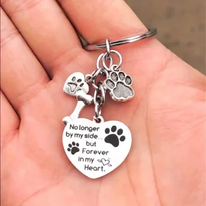 Dog memorial keyring with engraved heart charm and paw print
