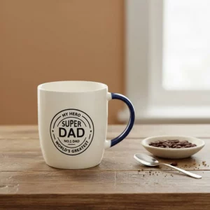 Super Dad mug in blue and white gift box with superhero-style design