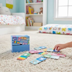 Unicorn Magic Kids Dominoes Set in pastel box with colourful unicorn and rainbow domino pieces