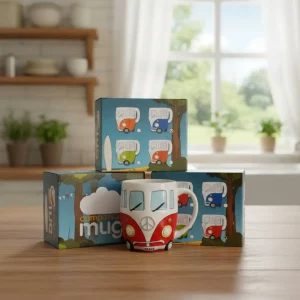 Ceramic campervan mug in red, styled like a retro van, shown with matching gift box.