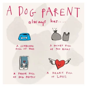 Dog Parent Greeting Card with humorous illustrations showing food, poo bags, dog photos, and a heart full of love.