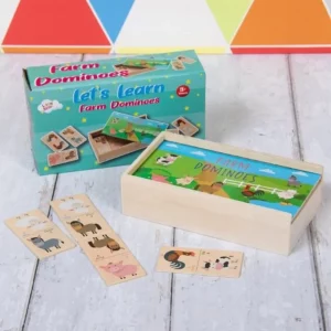 Wooden farm animal dominoes set in a box with illustrated animals including pigs, cows, and horses.