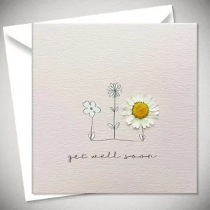 Get Well Soon greeting card with real pressed daisy flower