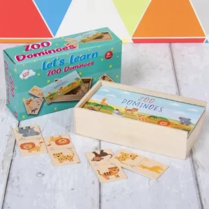 Wooden zoo animal dominoes set in a box featuring lions, elephants, monkeys, and giraffes.