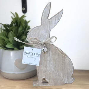 wooden bunny ornament with bow and silver heart charm