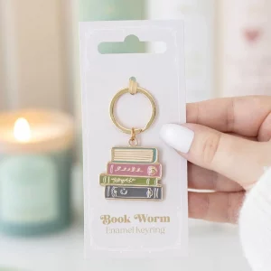 Book Worm enamel keyring with pastel book stack design