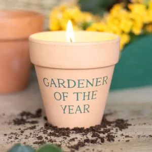 Garden-themed candle burning on rustic wooden surface