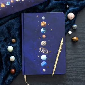 Blue galaxy notebook featuring the solar system design