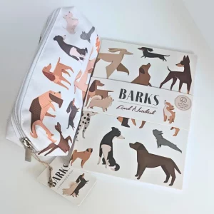 Barks dog stationery bundle with illustrated A5 notebook and matching canvas pencil case on a white background