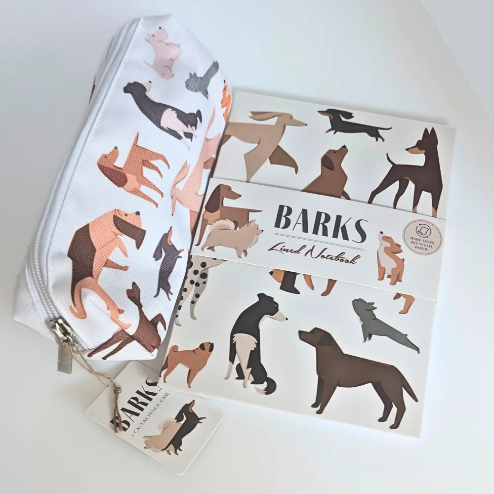 Barks dog stationery bundle with illustrated A5 notebook and matching canvas pencil case on a white background