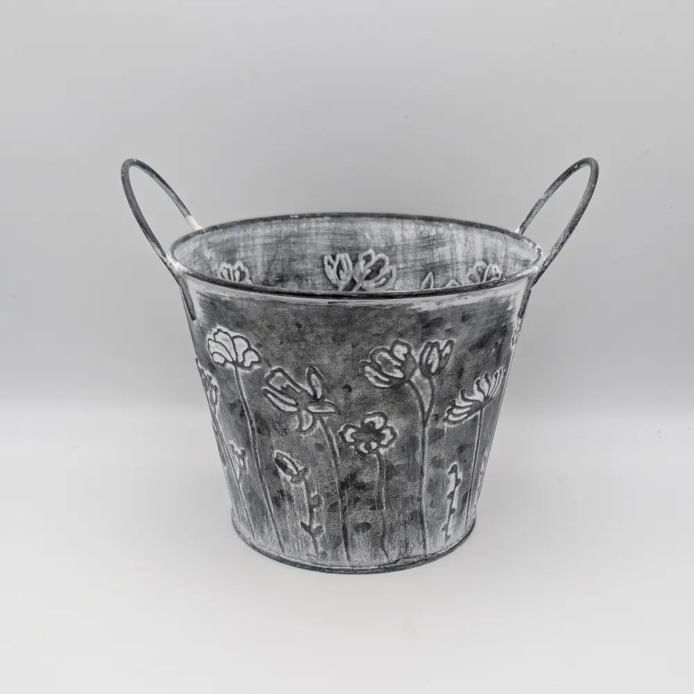 Embossed Floral Metal Planter Bucket with Handles