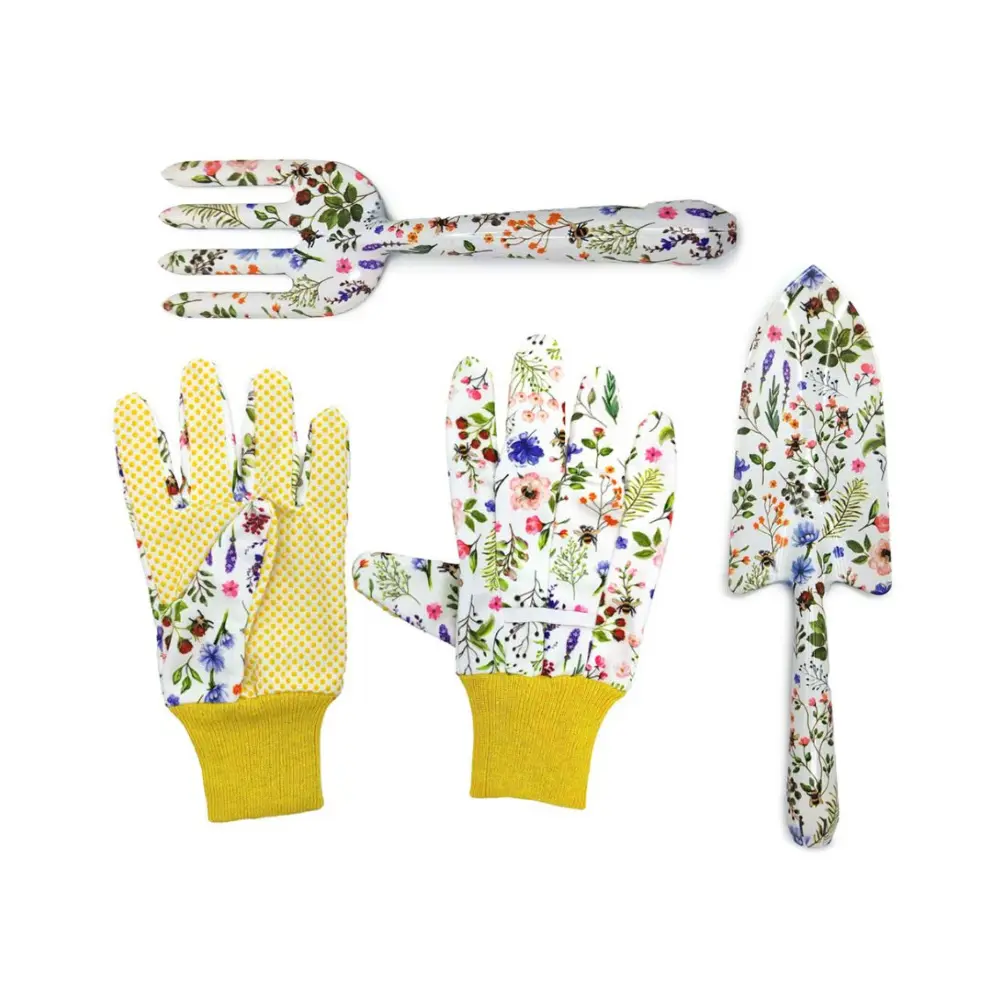 Floral gardening gloves and metal hand tools gift set