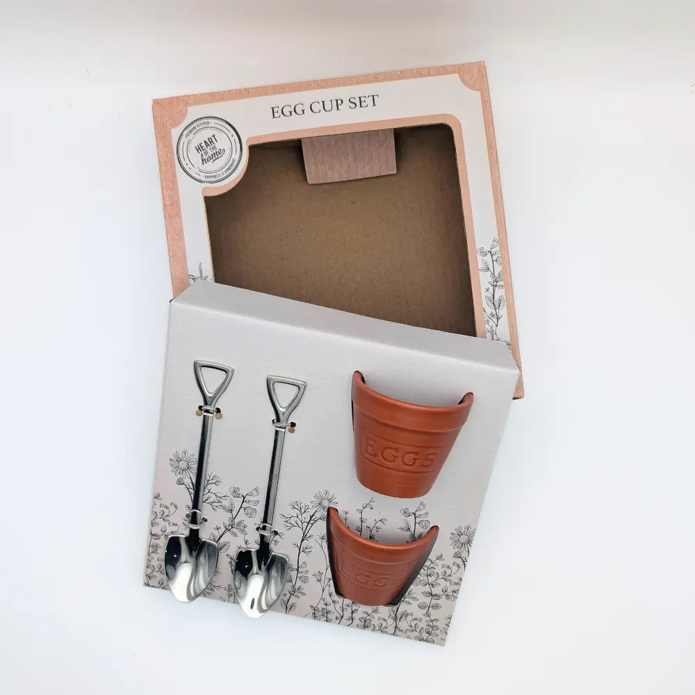 Terracotta style egg cup and spade spoon set
