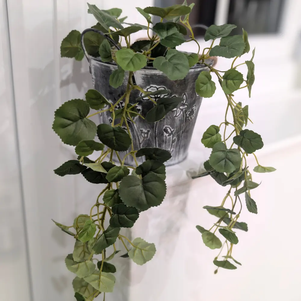Grey metal planter styled with trailing plant