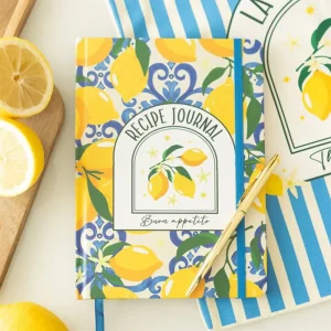 Lemon print A5 recipe journal styled with lemons and a gold pen