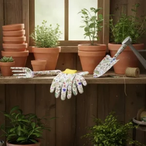 Gardening tools and gloves set with floral print