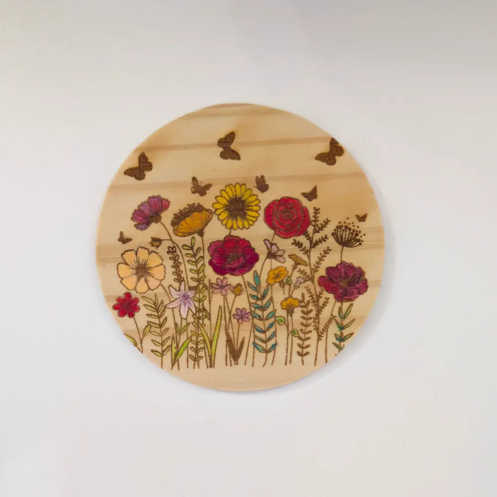 Hand painted wildflower wooden coaster