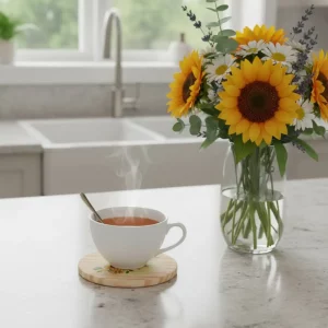Hand painted sunflower wooden coaster with leaf detail