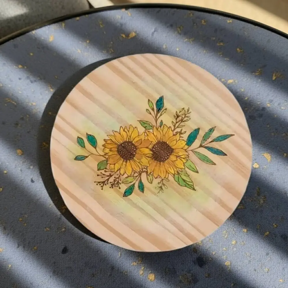 sunflower wooden coaster with leaf detail