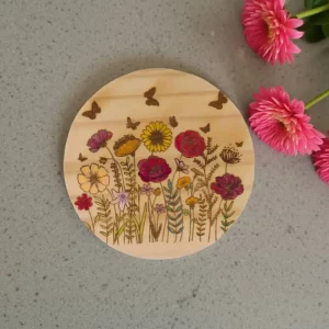 Hand painted wildflower wooden coaster with butterfly detail