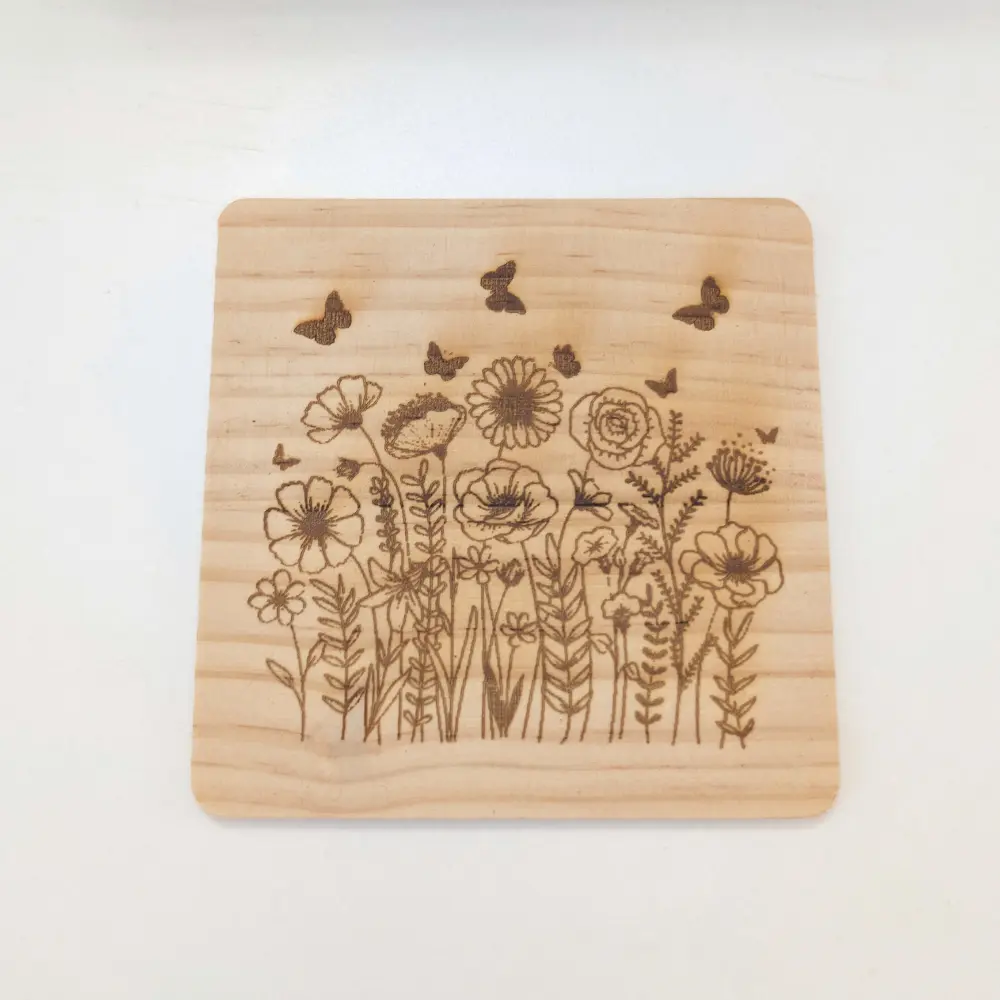 Wildflower wooden coaster with butterfly detail