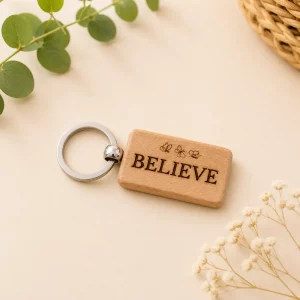 Laser engraved wooden Believe keyring with butterfly design on natural varnished wood.