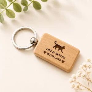 Laser engraved wooden keyring featuring the words "Life Is Better With Cats" with a cat silhouette on natural varnished wood.