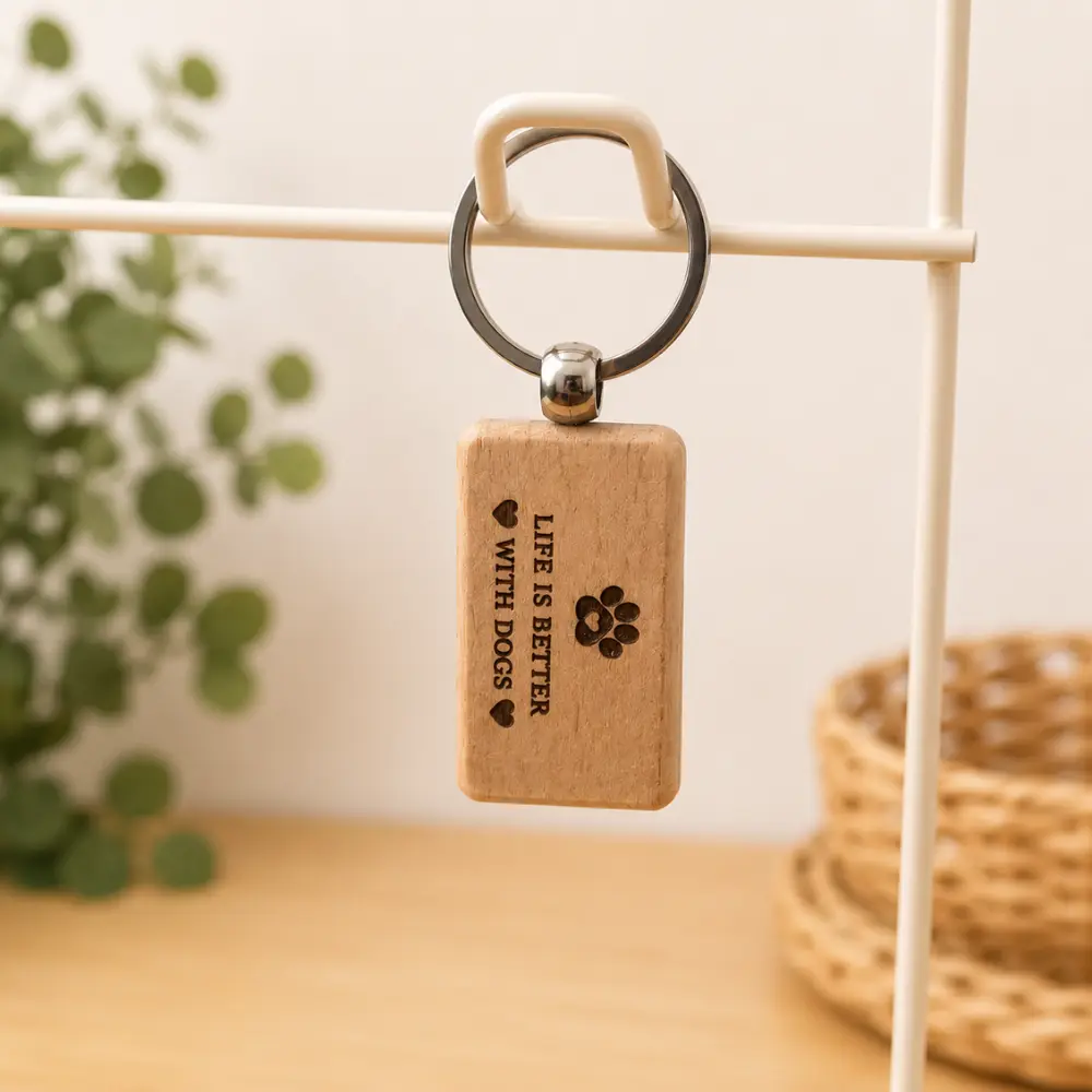 dog keyring hanging Laser engraved wooden dog keyring with the words "Life Is Better With Dogs"