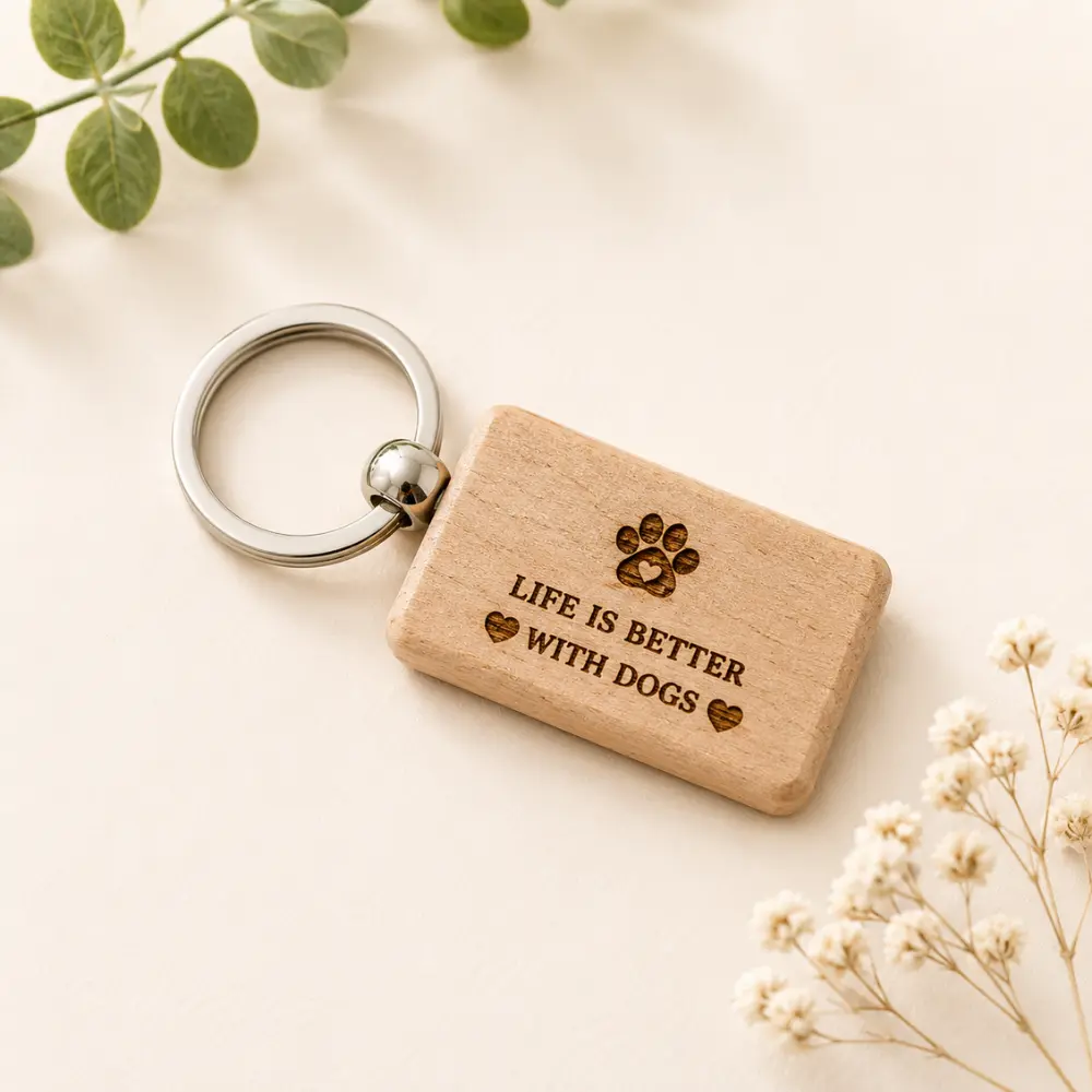 Laser engraved wooden dog keyring with the words "Life Is Better With Dogs" on natural varnished wood.