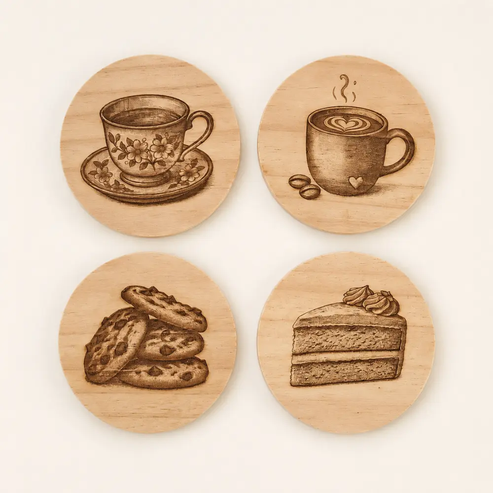 Tea Time Treats Collection – Set of 4 Engraved Wooden Coasters