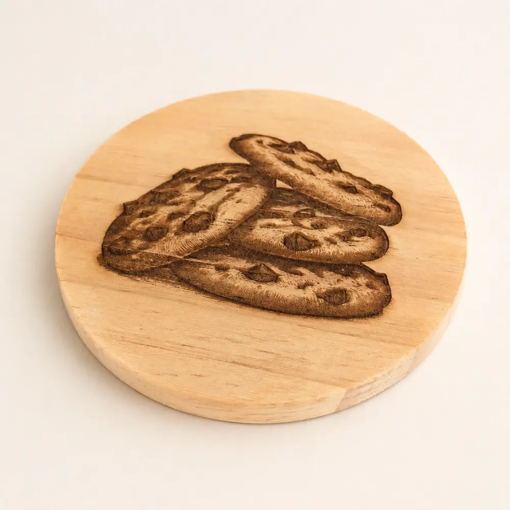 Close-up of the cookie design laser engraved onto a round wooden coaster