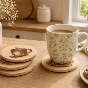 Mug of tea on an engraved wooden coaster beside a stack of Tea Time Treats coasters