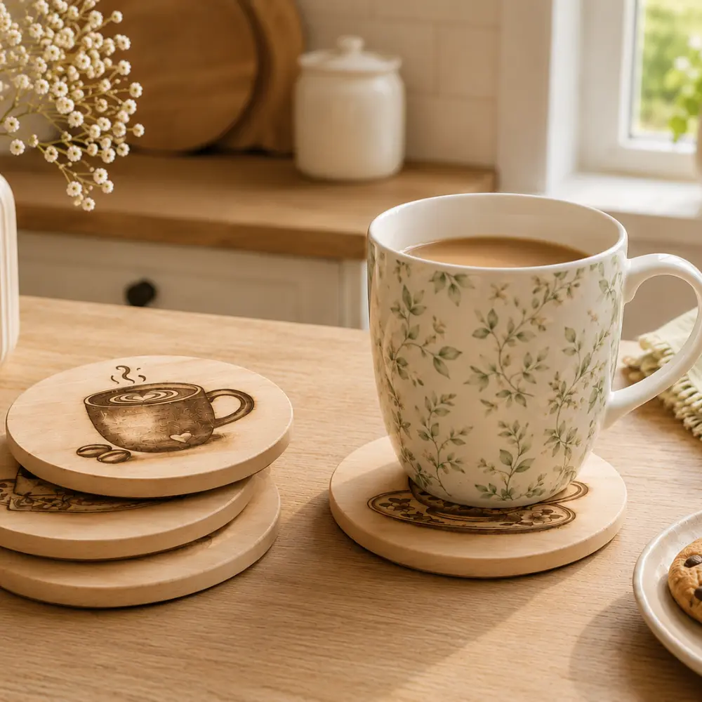 Mug of tea on an engraved wooden coaster beside a stack of Tea Time Treats coasters